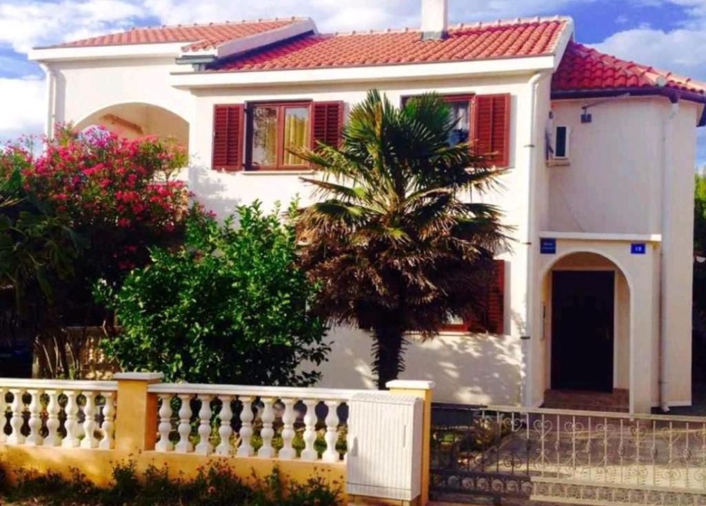 a white house with a fence and a palm tree at Apartman Car in Vir