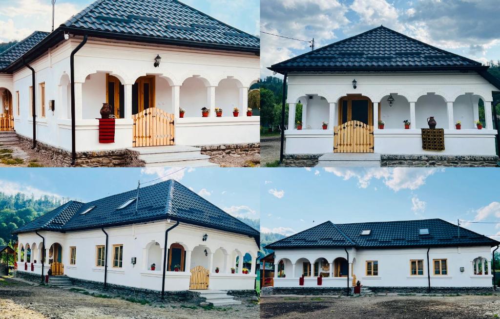 drei verschiedene Ansichten eines weißen Hauses mit schwarzem Dach in der Unterkunft Conacul Perla Bratiei in Cîndeşti