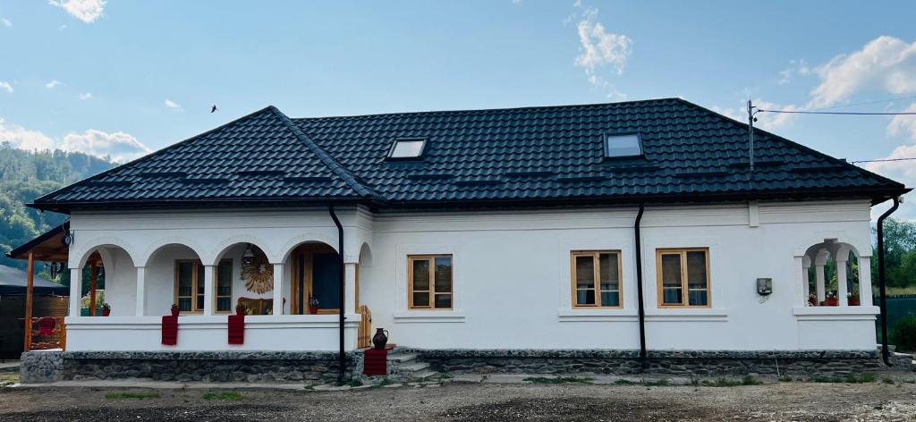 een wit huis met een zwart dak bij Conacul Perla Bratiei in Cîndeşti