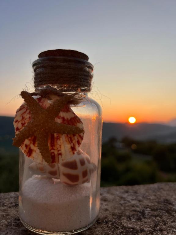 a glass jar filled with sand and a starfish at Apartmani Gazivode in Budva