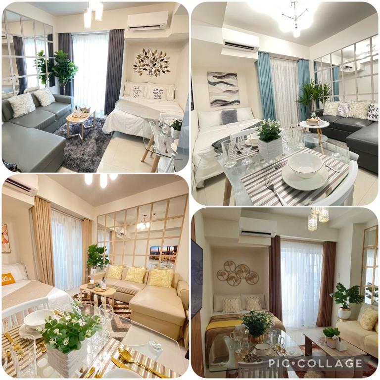 a collage of four pictures of a living room at Davao Inspiria Condominium units with balcony beside Abreeza Mall in Davao City