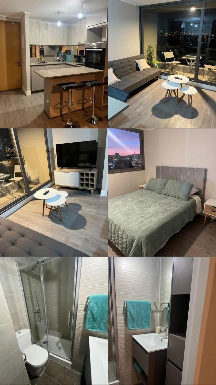 a collage of photos of a kitchen and a living room at Santa Rosa del Mar, Departamento in Coquimbo