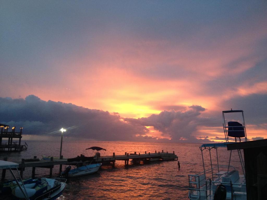a sunset over a dock with boats in the water at Splash Inn Dive Resort & Villas in West End