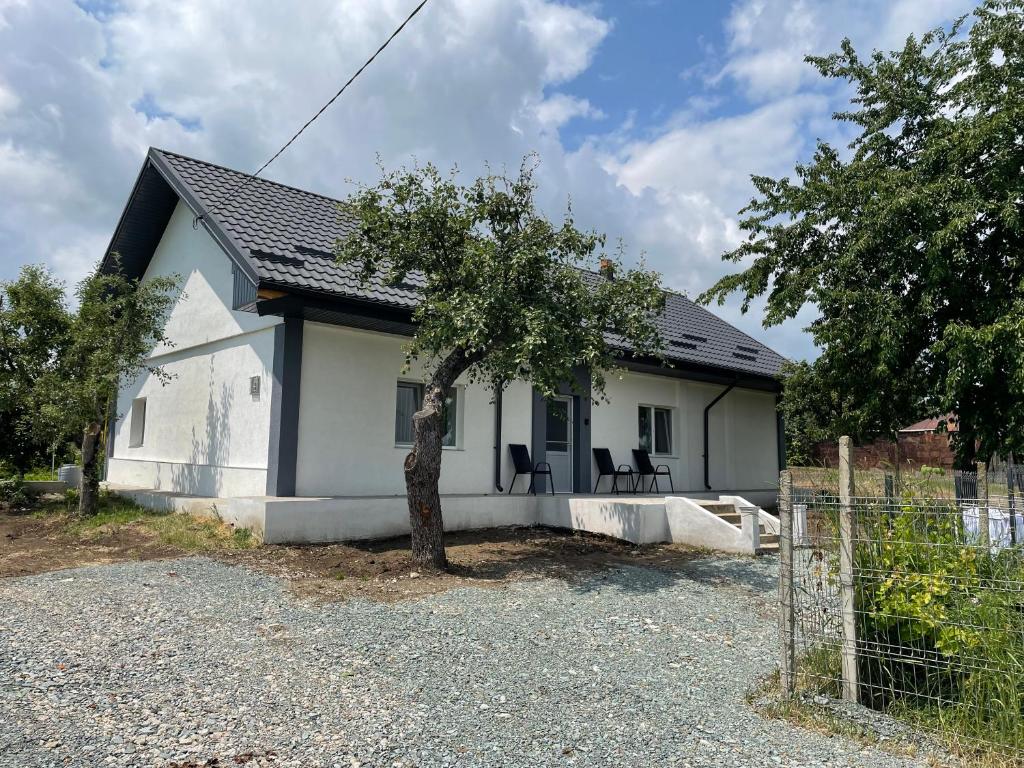 a white house with two chairs in front of it at Casa Din Deal in Huşi