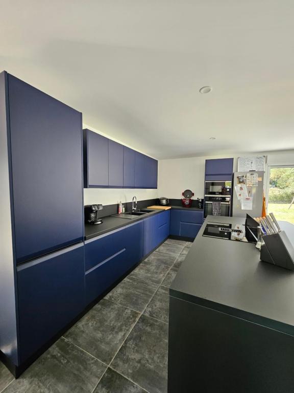 une cuisine avec des armoires et des comptoirs bleus dans l'établissement Chez Florine - Maison Cosy, à Villemoustaussou