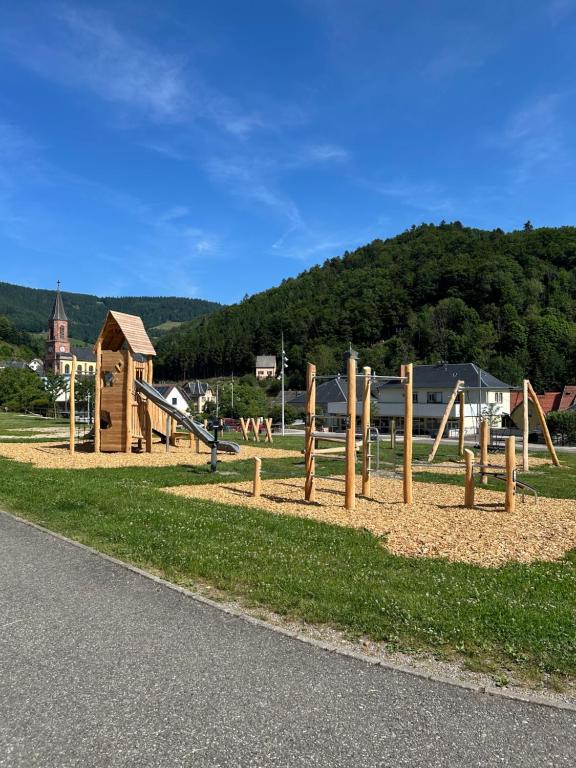 ein Park mit einem Spielplatz mit Rutsche in der Unterkunft Gîte 5 personnes in Le Bonhomme