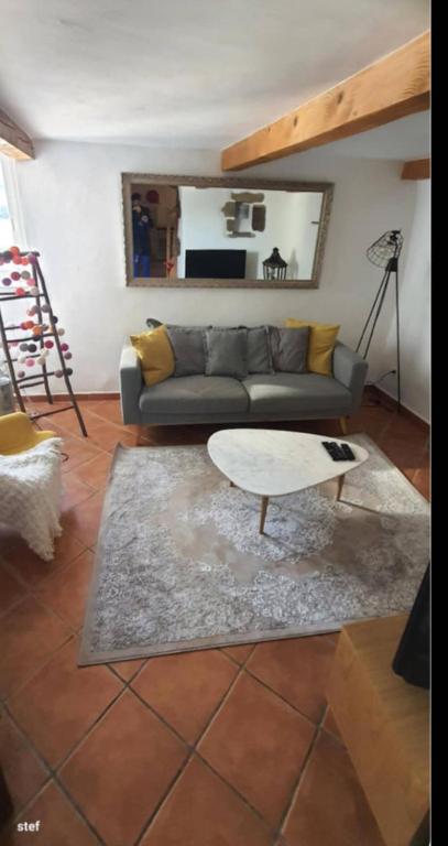 un salon avec un canapé et une table basse dans l'établissement The Little Pink House Eau De Thermale Avène, à Le Bousquet-dʼOrb