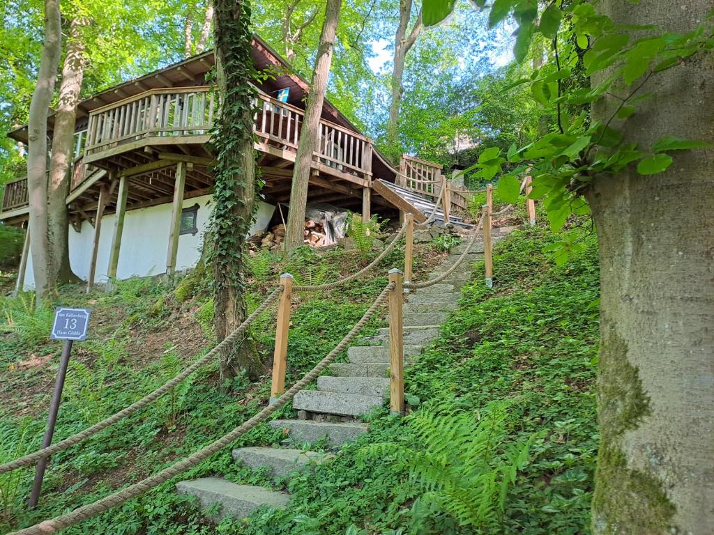 a staircase leading up to a house in the woods at Ferienhaus Gädda in Vöhl