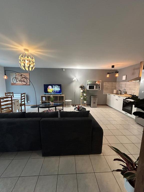 Il comprend un grand salon avec un canapé et une cuisine. dans l'établissement Maison lumineuse à Lens avec parking gratuit, à Lens