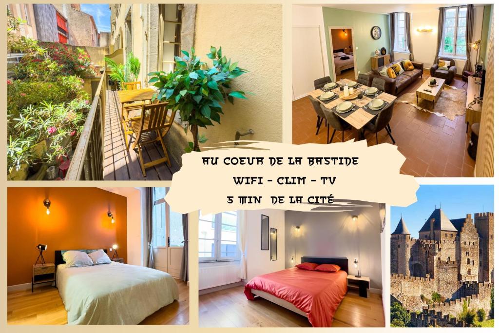 un collage de fotos de una habitación con un castillo en La Cité Voltaire, en Carcassonne