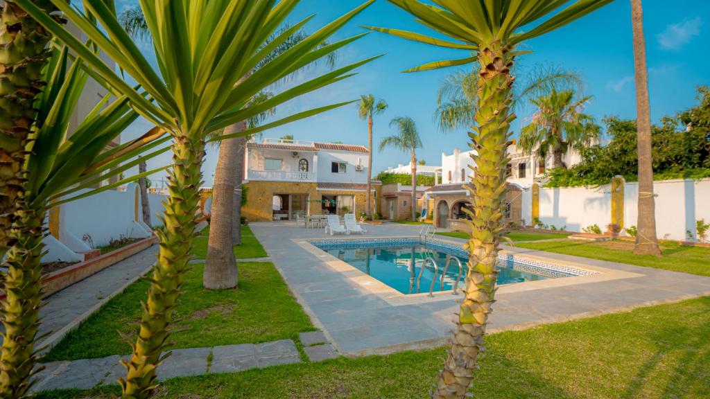 a house with a swimming pool and palm trees at Villa a cabonegro tetouan in Tétouan