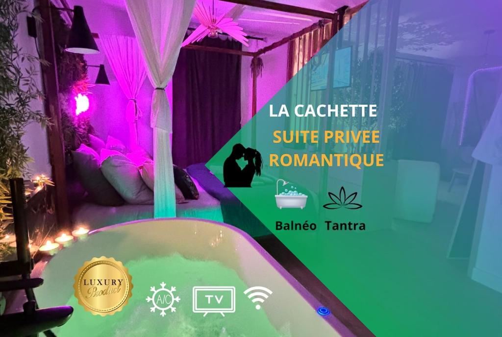 オードンジュにあるLa Cachette des amoureux balnéo en duoの紫色の照明が付いたジャグジー浴槽を備えたスパルーム