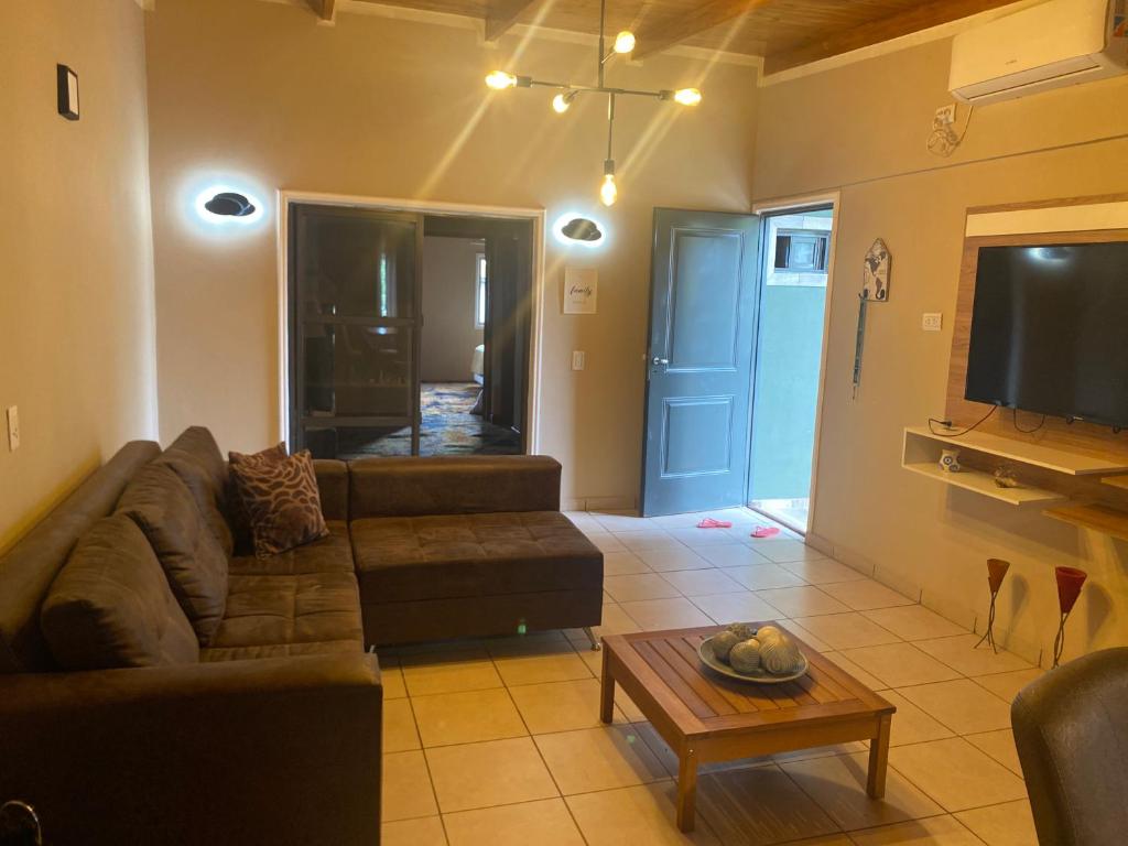 a living room with a couch and a tv at Alojamiento Napoleon in Puerto Iguazú