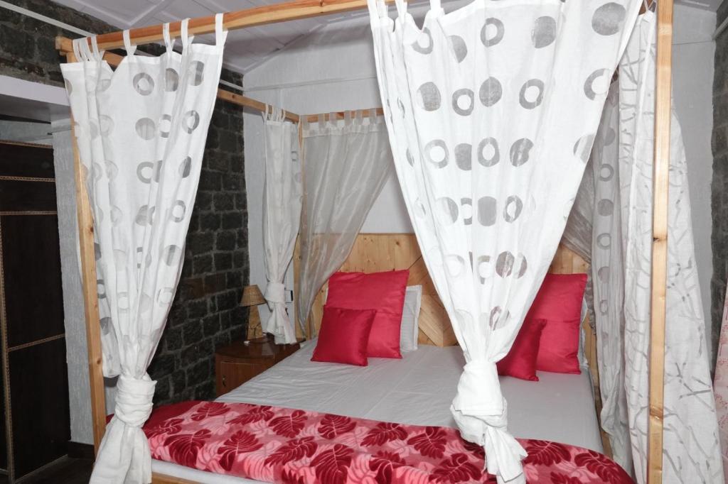 卡绍利Heritage homestays的一间卧室配有一张带红色枕头的天蓬床