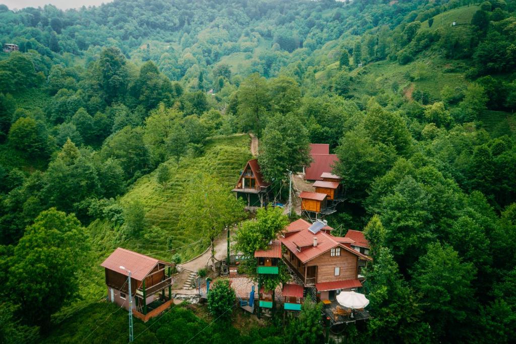 an aerial view of a house on a hill at Elagza Dag Evi in Rize