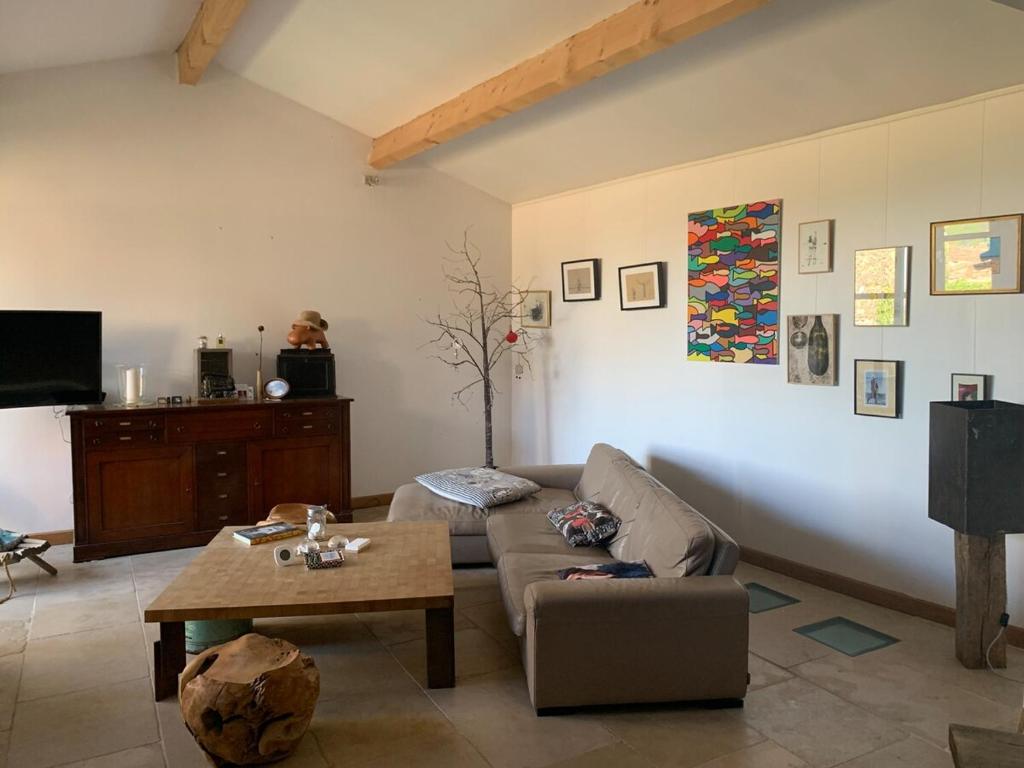 un salon avec un canapé et une table dans l'établissement Charming village house, à Alleins