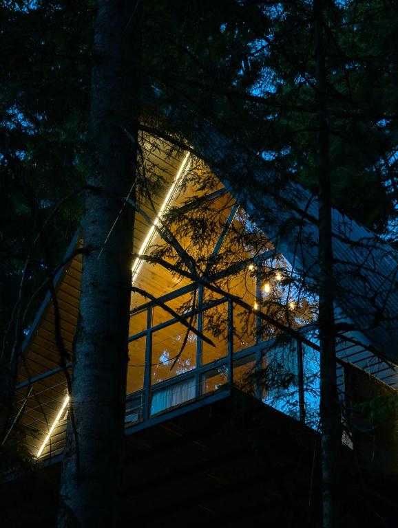 a house with lights on the side of it at night at Small Forest in Batumi