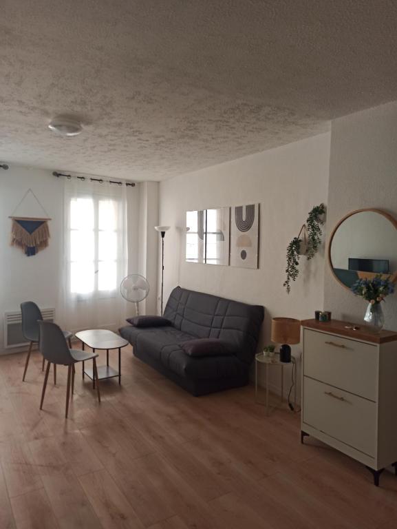 un salon avec un canapé et une table dans l'établissement Charmant T2 centre historique, à Perpignan