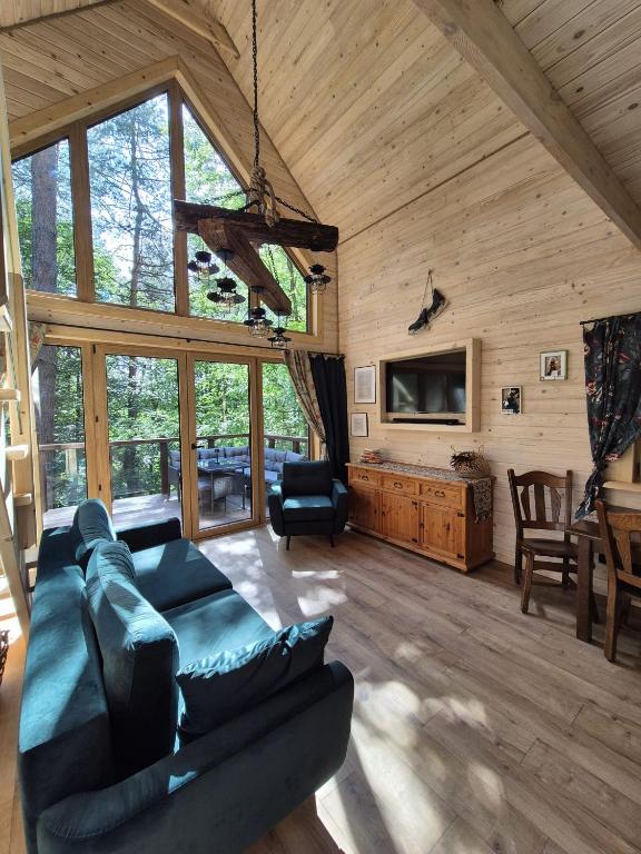 a living room with a couch and a tv in a cabin at Woodland House 2 in Berezka