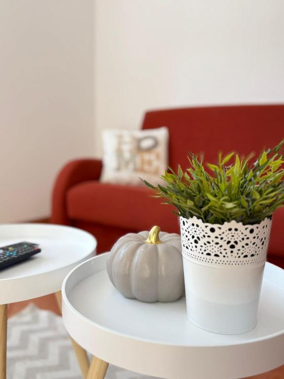 a table with a potted plant and a pumpkin on it at APP Mirela 3 in Novi Vinodolski
