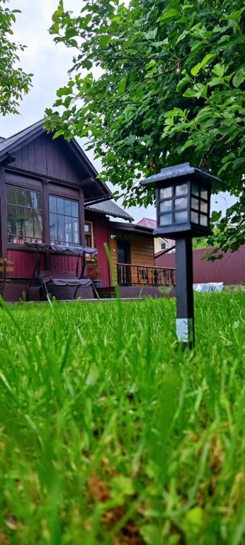 a light in the grass in front of a house at Mover mount apart in Skole