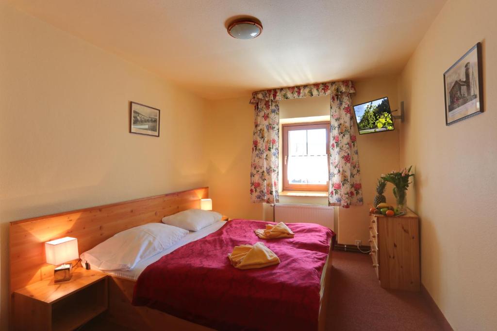 um quarto com uma cama com um edredão vermelho e uma janela em Hotel Zelený Dům em Boží Dar