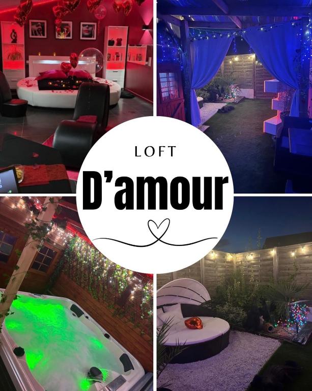 un collage de photos avec un jacuzzi et un DJ amoureux dans l'établissement Loft d'amour, à Ligné