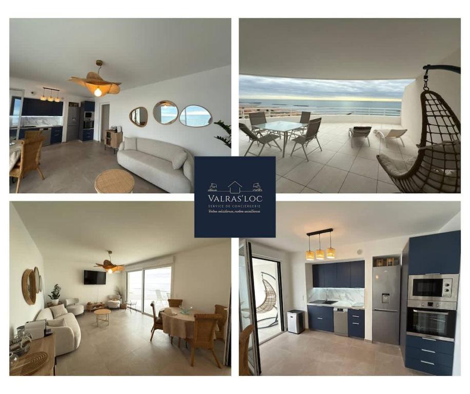 un collage de quatre photos d'un salon et d'une cuisine dans l'établissement Valras -Loc Archipel Panarea - Cap Horizon, à Valras-Plage