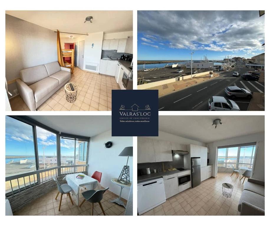 un collage de photos d'une cuisine et d'un salon dans l'établissement 19 Cocon Familial Vue Mer, à Valras-Plage