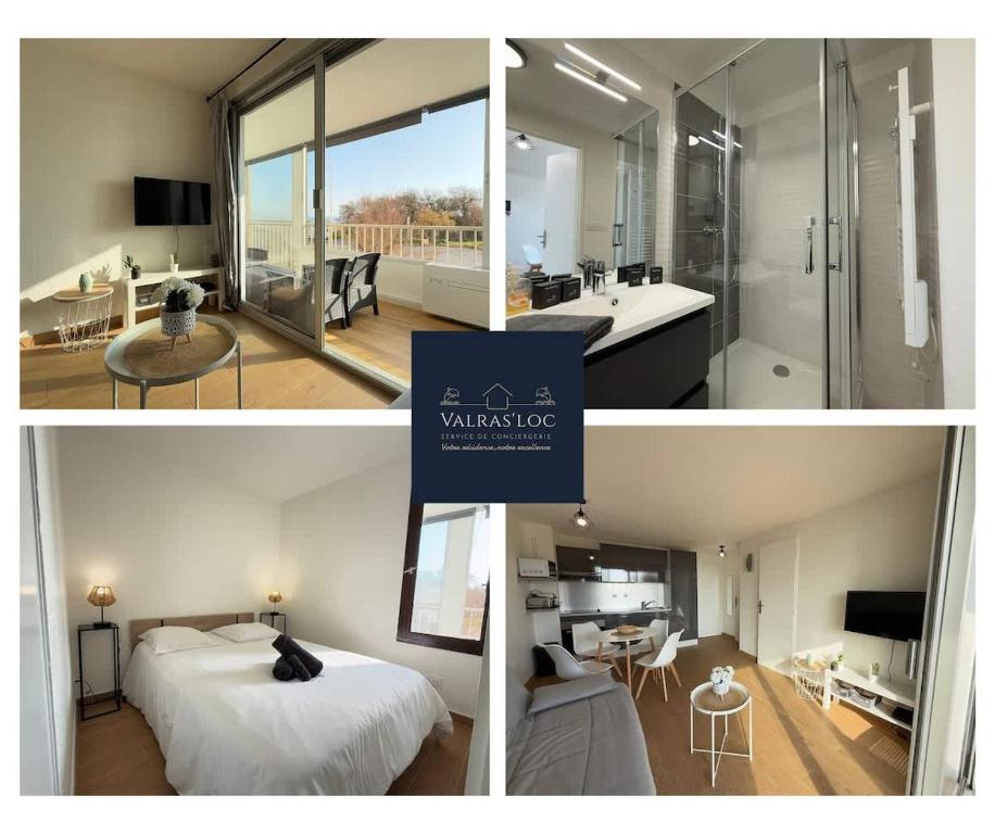 un collage de trois photos d'une chambre et d'une salle de bains dans l'établissement Valras-Loc Casino Beach - Moderne et Vue Mer, à Valras-Plage