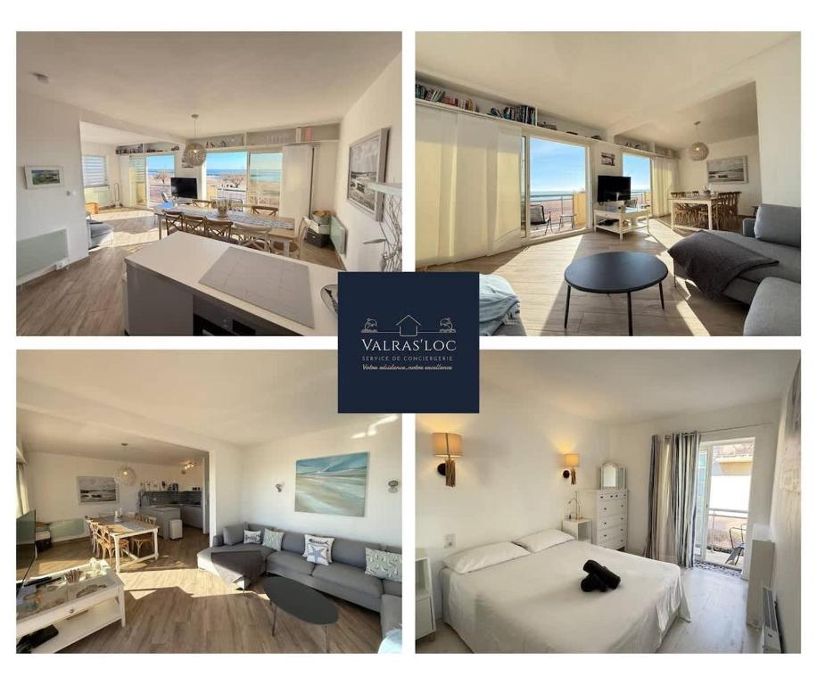 un collage de quatre photos d'un salon et d'une cuisine dans l'établissement Valras-Loc Sablon - T4 Front de Mer avec Balcon, à Valras-Plage