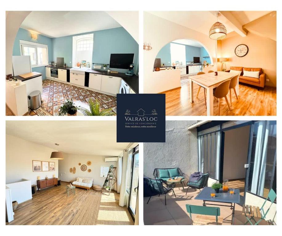 a collage of three pictures of a living room and a kitchen at Au soleil couchant in Villeneuve-lès-Béziers