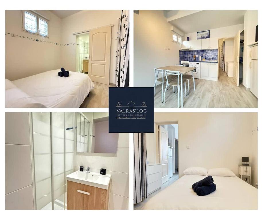 un collage de trois photos d'une chambre et d'une salle de bains dans l'établissement Appartement en Rez-de-Chaussee a Deux Pas de la Plage, à Valras-Plage