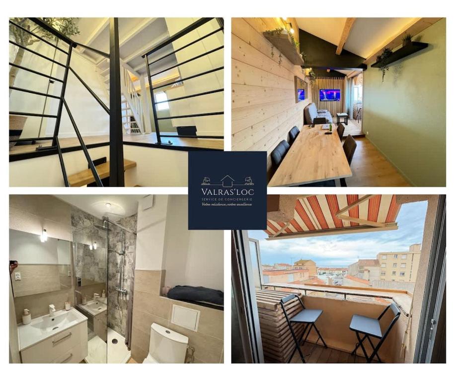 un collage de photos d'une cuisine et d'une chambre dans l'établissement Duplex avec Vue Mer A Deux Pas de la Plage, à Valras-Plage