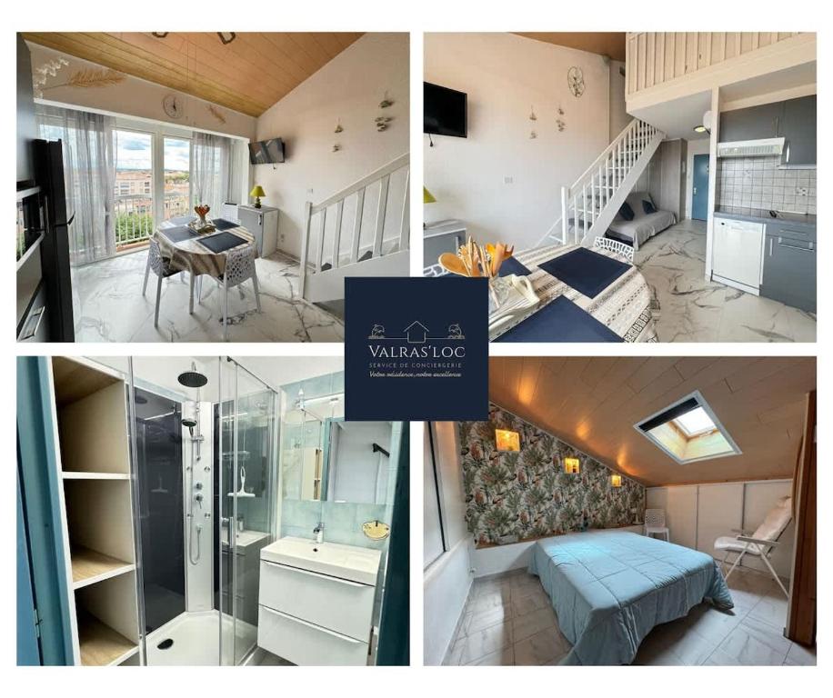 un collage de quatre photos d'une cuisine et d'une pièce dans l'établissement Valras-Loc Vue sur la Ville et Apercu de la Mer, à Valras-Plage