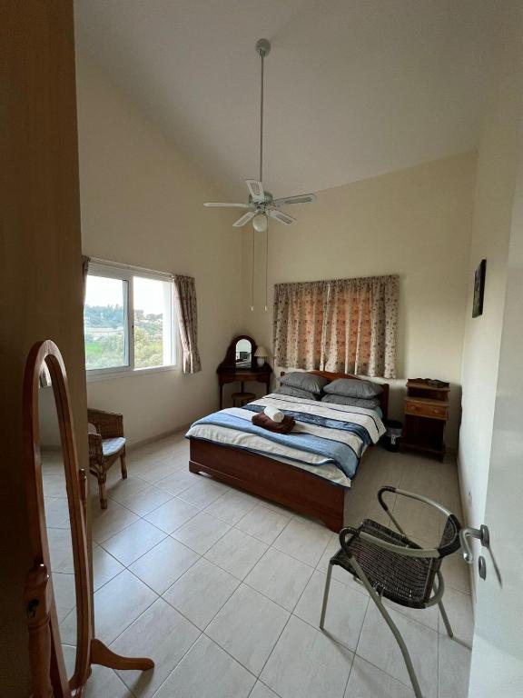 a bedroom with a bed and a ceiling fan at Poolside Escape - Polis in Polis Chrysochous