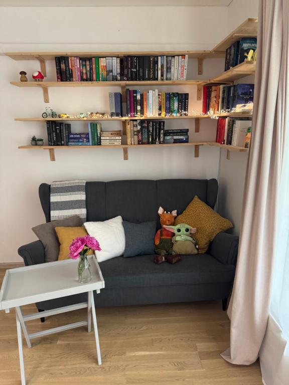 a couch in a living room with books at Cozy Ozo Park Apartment, Pet Friendly with Workspace in Vilnius