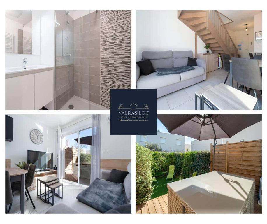 un collage de photos d'une cuisine et d'un salon dans l'établissement Valras-Loc La Dune - Sejour Marin avec Piscine, à Sérignan