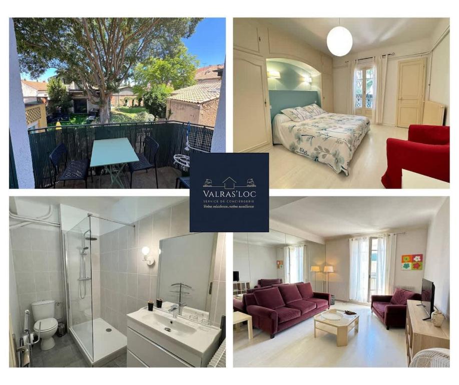 un collage de photos d'une chambre et d'un salon dans l'établissement Charmant T3 en centre ville Beziers avec parking, à Béziers