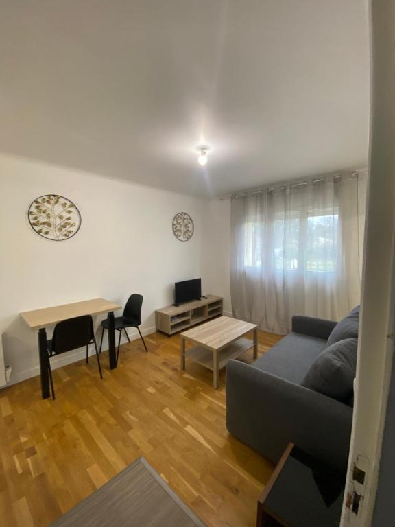 un salon avec un canapé et une table dans l'établissement Appartement meublé Circuit 24H, au Mans