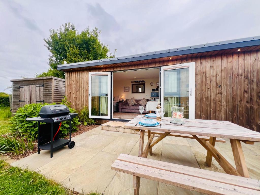 a backyard with a picnic table and a grill at Romantic Cabin Retreat on 50-Acre Suffolk Farm in Burgh