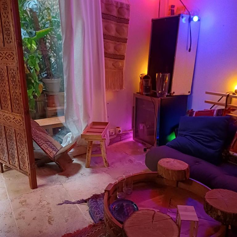 un salon avec un canapé et une table dans l'établissement Bohème dans le 5e, à Paris