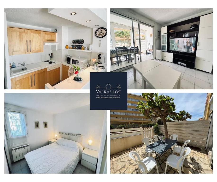 un collage de photos d'une cuisine et d'un salon dans l'établissement Valras-Loc - Plaisir Balneaire, à Valras-Plage