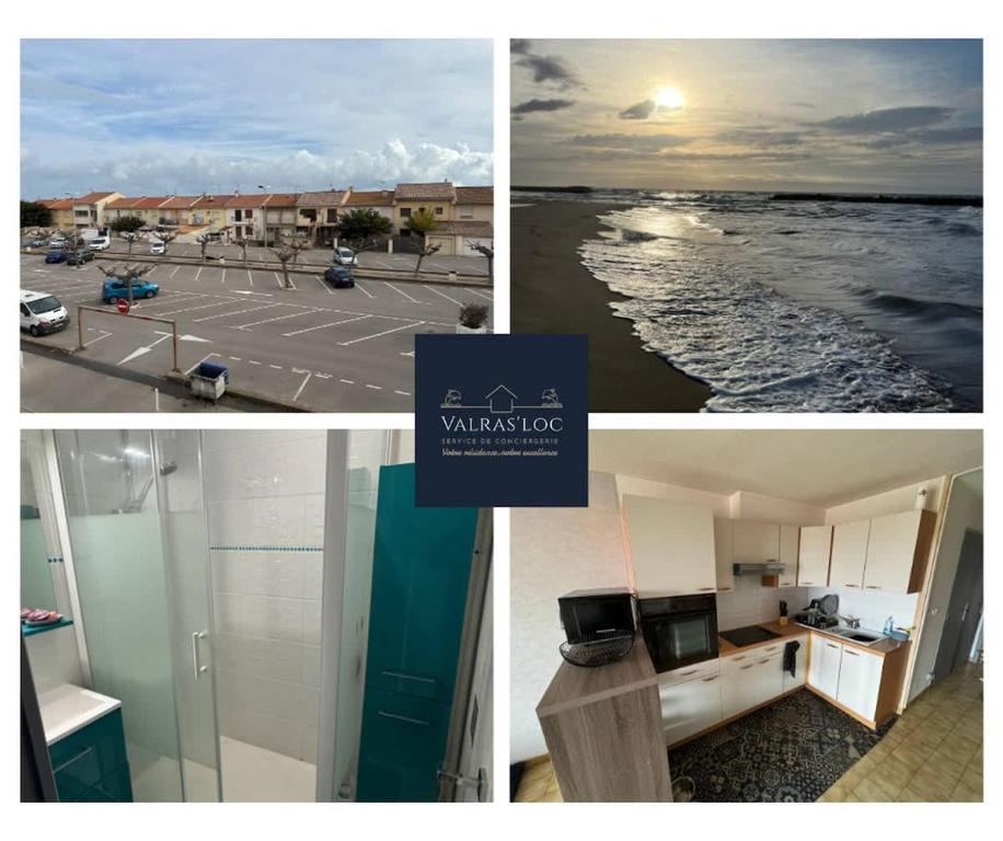 un collage de quatre photos de l'océan et de la plage dans l'établissement Valras-Loc - Evasion marine a deux pas de la plage, à Valras-Plage