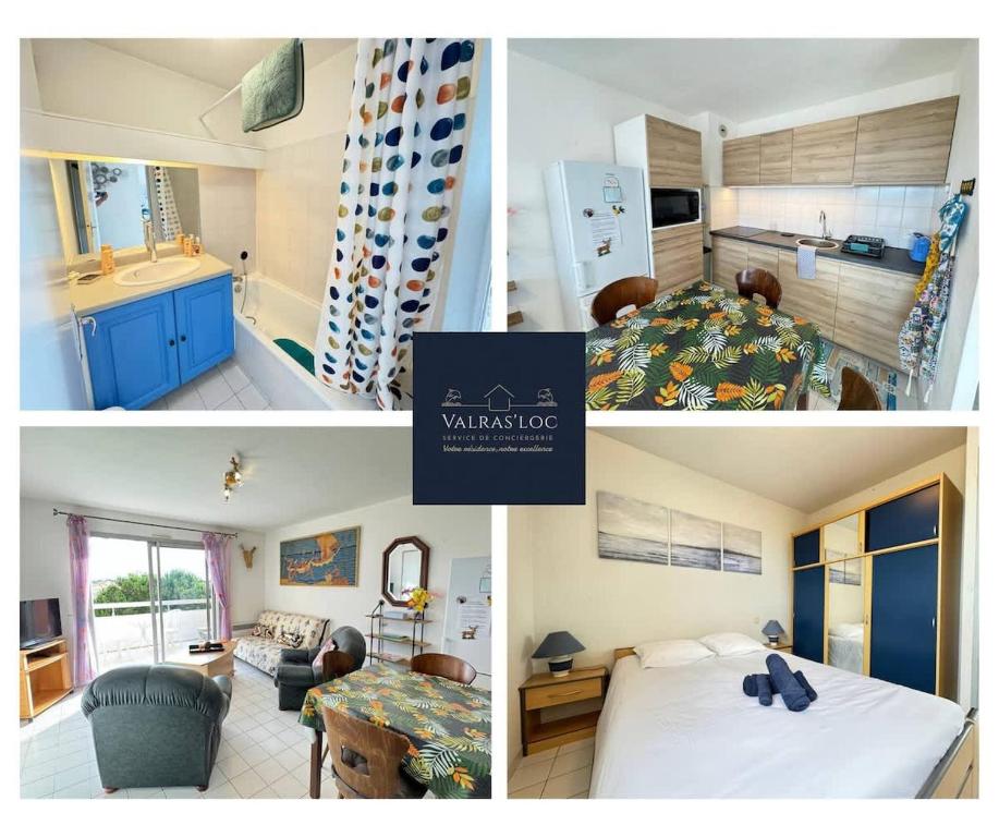 un collage de trois photos d'une chambre et d'une salle de bains dans l'établissement Valras-Loc - Appartement du stade, à Valras-Plage