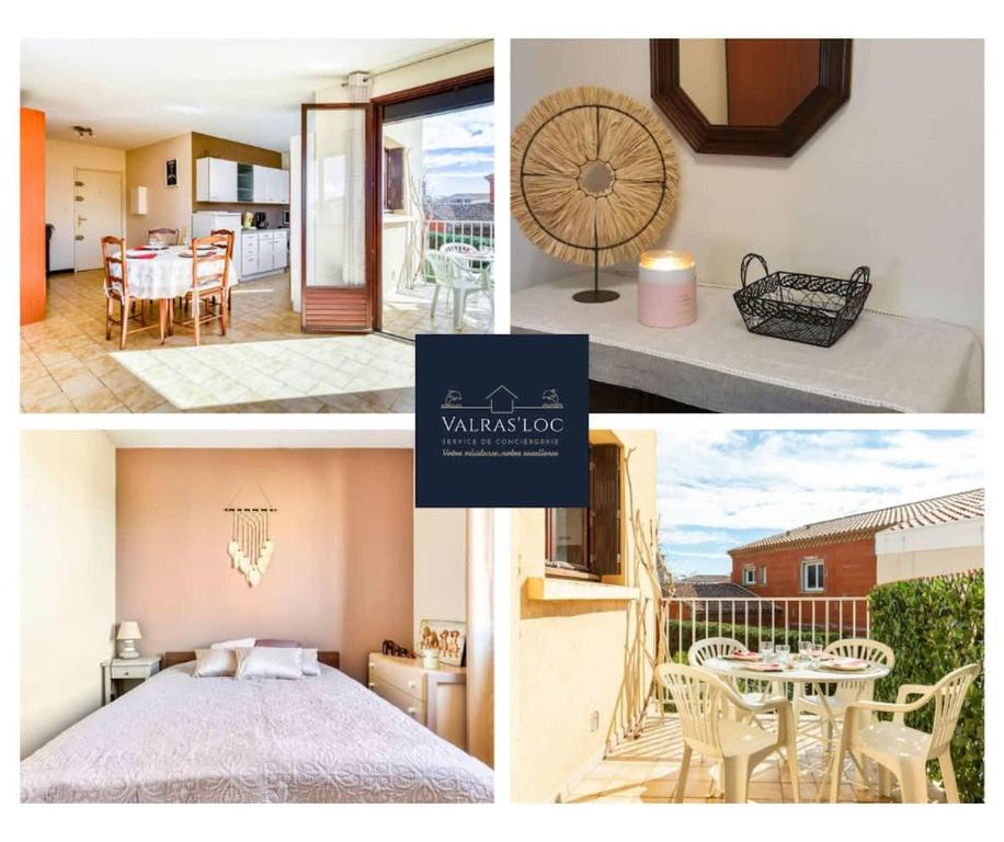 un collage de photos d'une chambre avec un lit et une table dans l'établissement Valras-Loc T2 spacieux et calme au coeur de Valras, à Valras-Plage