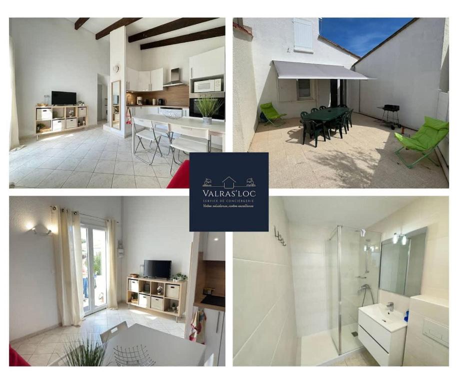 un collage de photos d'une cuisine et d'un salon dans l'établissement Valras-Loc Maison des Orangers, à Valras-Plage