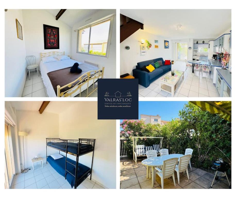 un collage de photos d'une chambre et d'un salon dans l'établissement Valras-Loc Maison de ville avec terrasse, à Valras-Plage
