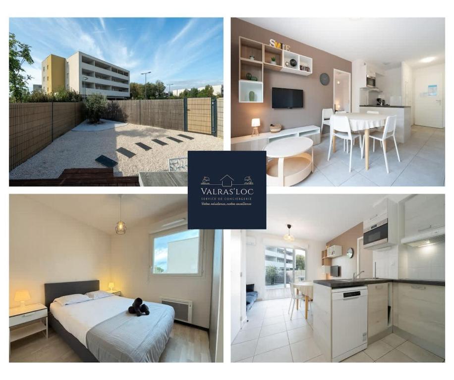 un collage de quatre photos d'une chambre et d'une cuisine dans l'établissement Valras-Loc La Dune - Evasion Familiale, à Sérignan