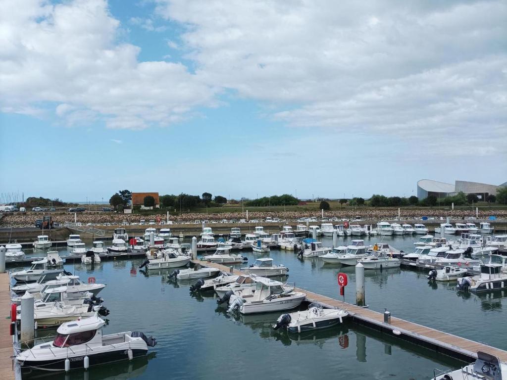 un groupe de bateaux est amarré dans un port dans l'établissement Appartement à Courseulles-sur-Mer avec Vue sur Port et Parking - FR-1-746-33, à Courseulles-sur-Mer